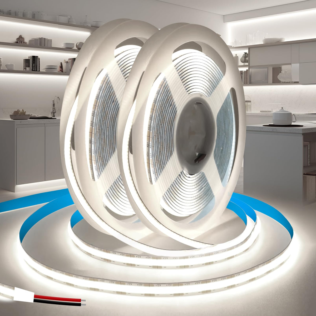 KSIBNW LED Strip Light COB 24V, 5M Cool White 6000K Led Strip Lights 5mm Width LED Tape Lights Flexible CRI90+ Uniform Dotless for Bedroom Cabinet Kitchen Decoration (No Power Supply)