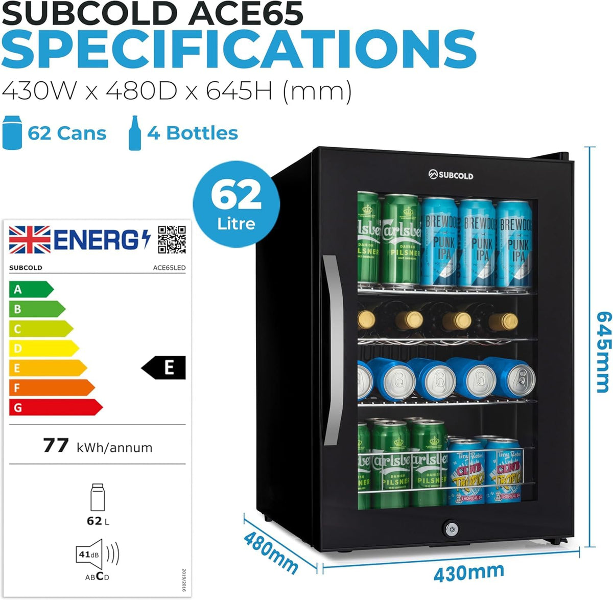 Subcold Ace90 LED Touch Control Beer Fridge With Glass Door | Premium Drinks & Wine Fridge | Black Alu Handle, Auto Defrost, Lockable | 91 Cans | Ideal for Home Bar Undercounter