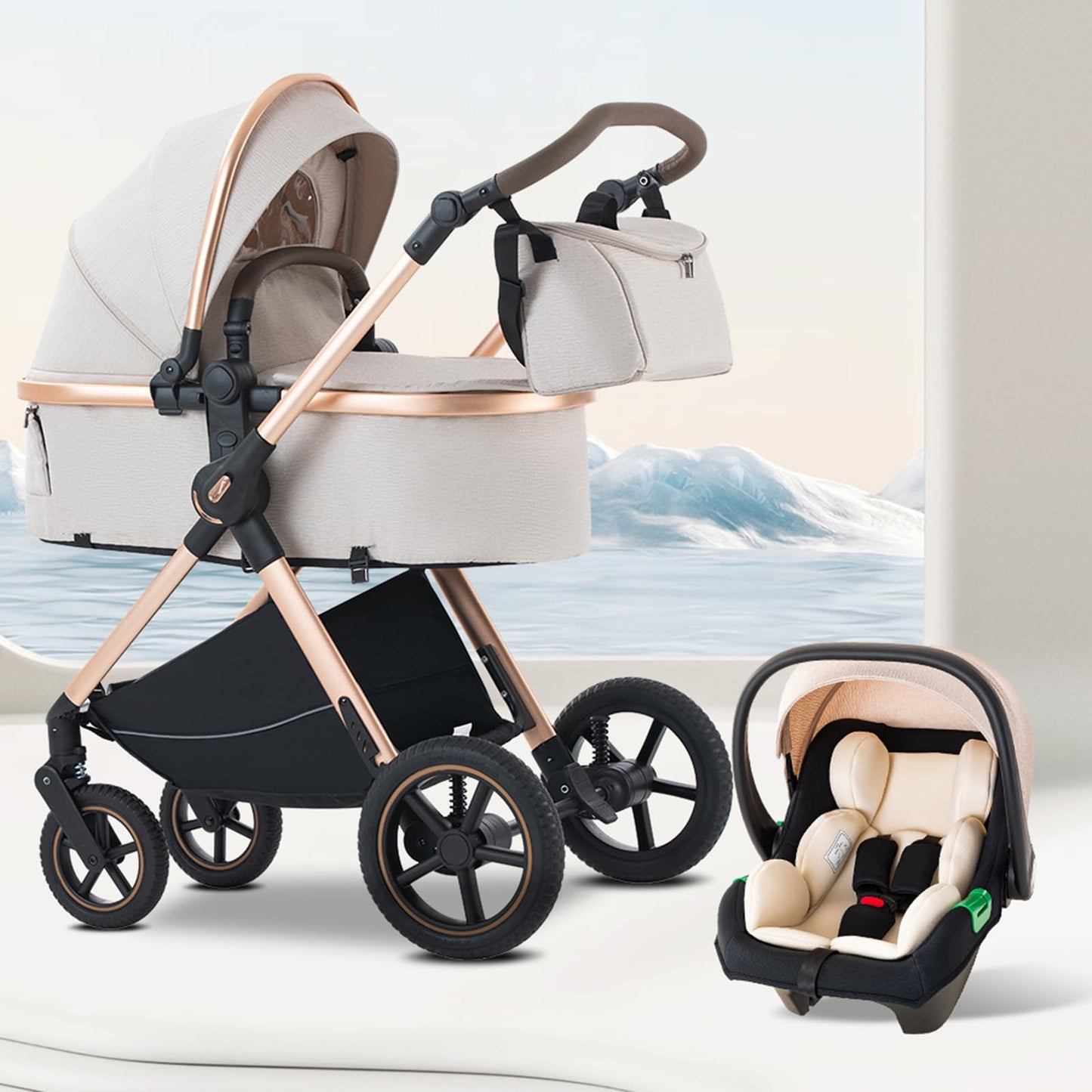 3 in 1 Pram Pushchair Aluminium Frame High Landscape Combined Buggy Lightweight Folding Stroller 3 in 1 Travel System Pram for Newborns Toddlers 0-36 Months from Birth (H9-Pink, H9)