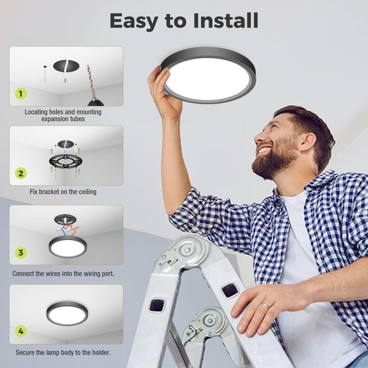 hepside Bathroom Light, 3000K/4000K/6500K 3 Color Temperature LED Ceiling Light, 15W 1500LM, Waterproof, Round, Small, Modern, Flush Ceiling Light for Bathroom, Kitchen, Bedroom, Black
