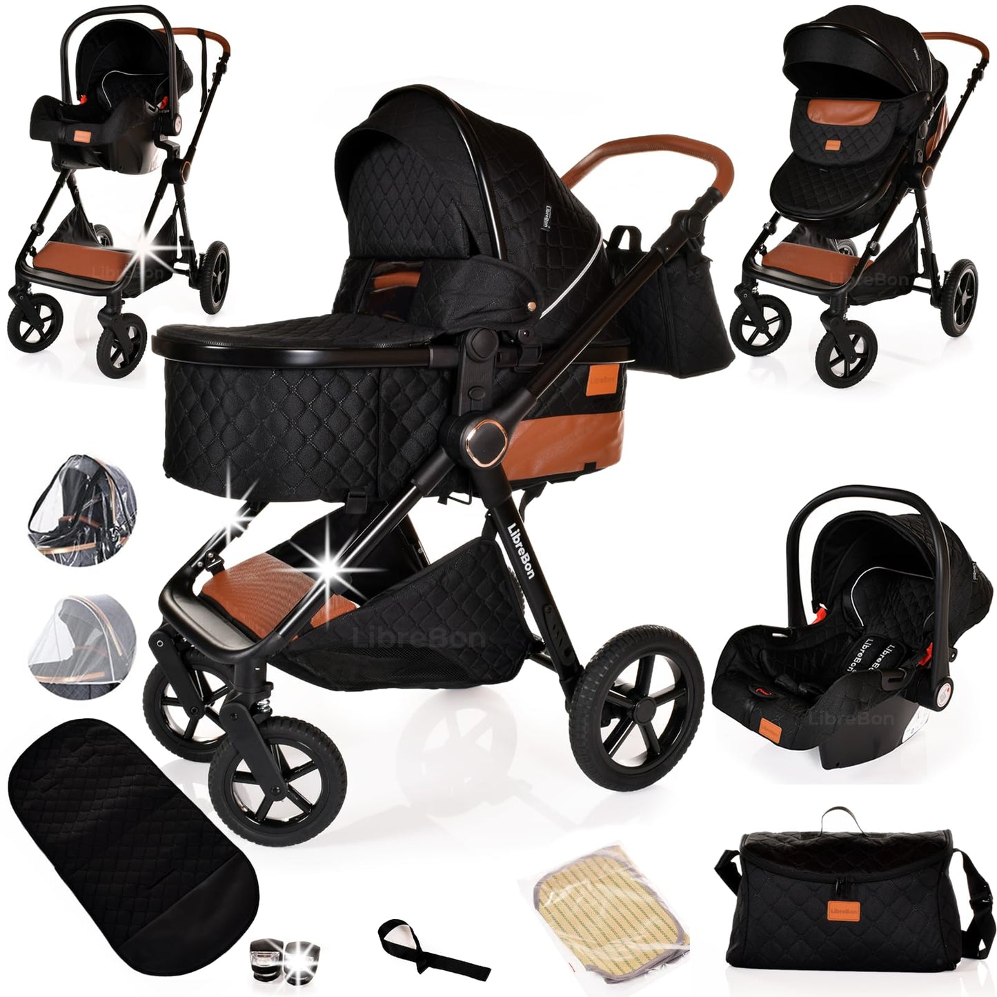 Baby Buggy Pram Pushchair Stroller 3 in 1 Child Lightweight Folding Stroller 3 in 1 Travel System Pram for Newborns & Toddlers from Birth Aluminum (Beige - Rose Gold Frame)