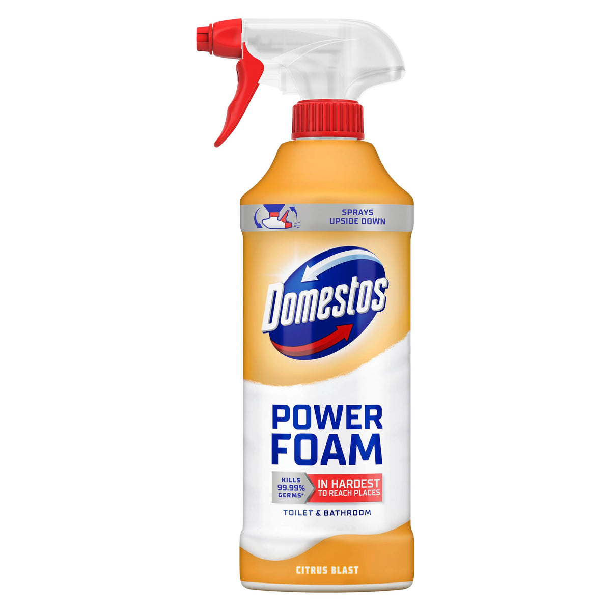 Domestos Power Foam Arctic Fresh Toilet & Bathroom Cleaner Spray sprays upside down & eliminates 99.99% of germs* for cleaning inside the toilet & around the bathroom 450 ml