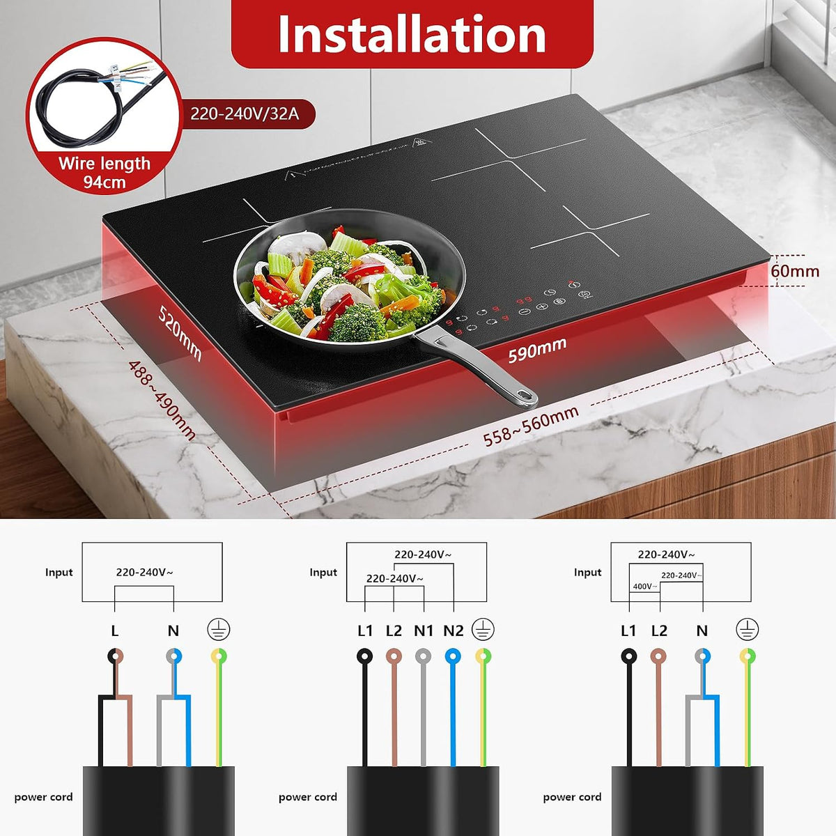 Induction Hob 4 Zones, Built-in Induction Hob 60 cm with Booster, 4 Burner Cooker, Touch Control, 9 Power Levels, 1-99 Min Timer, Child Lock, Heat Indicator, No Plug