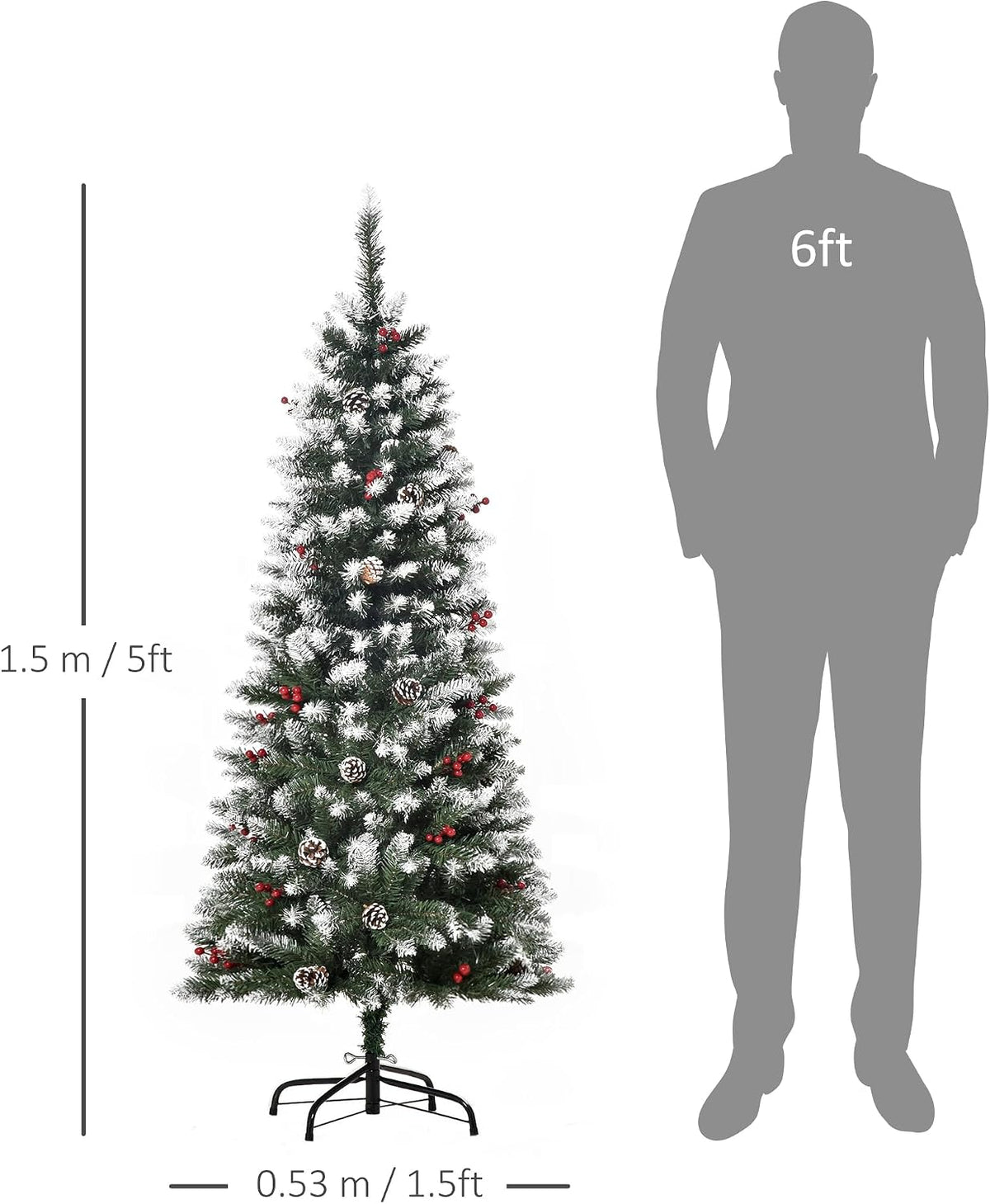 HOMCOM 5FT Artificial Christmas Tree Xmas Pencil Tree Red Berries Green
