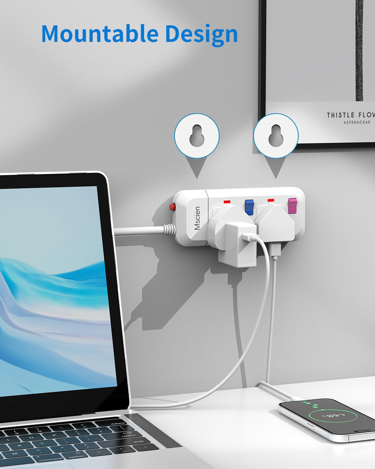 Mscien Extension Lead 2 Way Plug Sockets with Individual Switches Overload Protected Power Strip Wall Mountable 1.5M Extension Cable