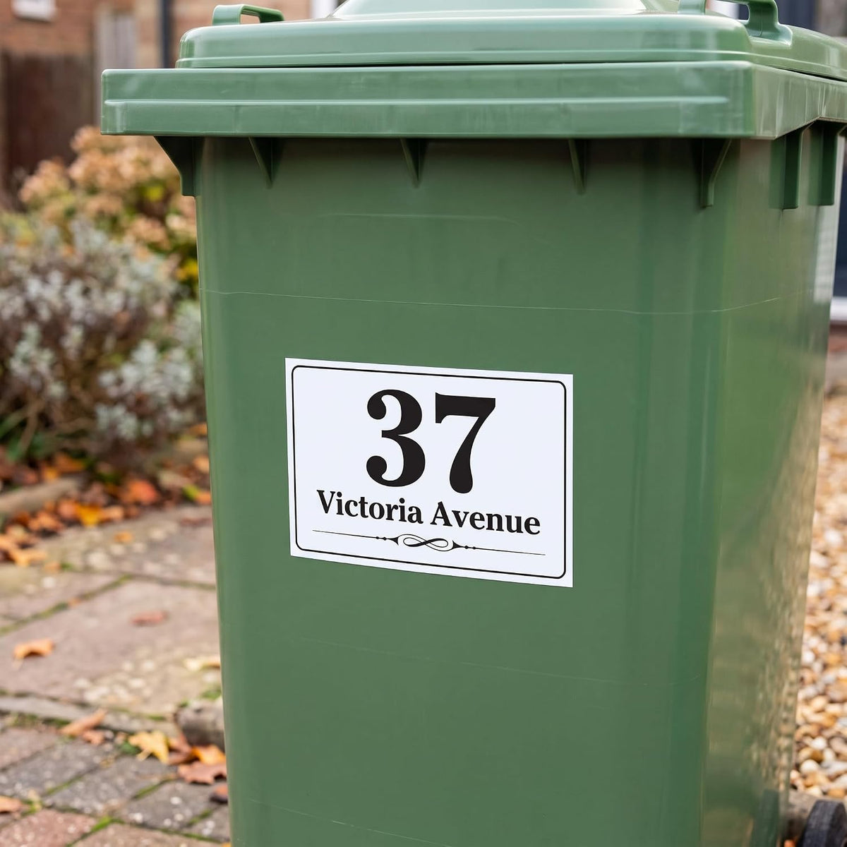 EDSG 4 x Wheelie Bin Stickers, Personalised Bin Numbers for Wheelie Bins, Custom Wheelies Bins Numbers Stickers, Number Sticker with House Number Street Name (Design 2)