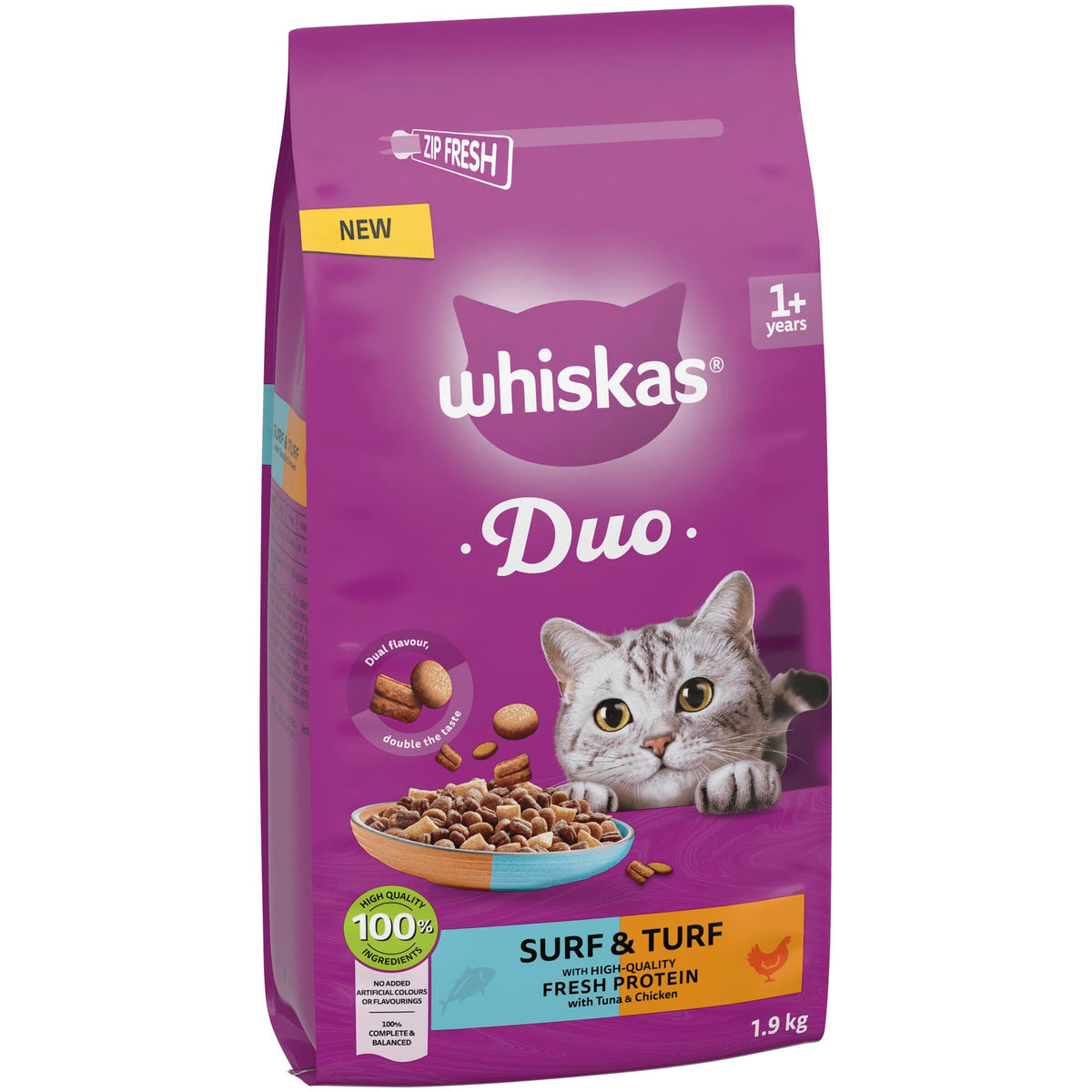 WHISKAS 1+ DUO Surf & Turf Dry Cat Food 1.9kg