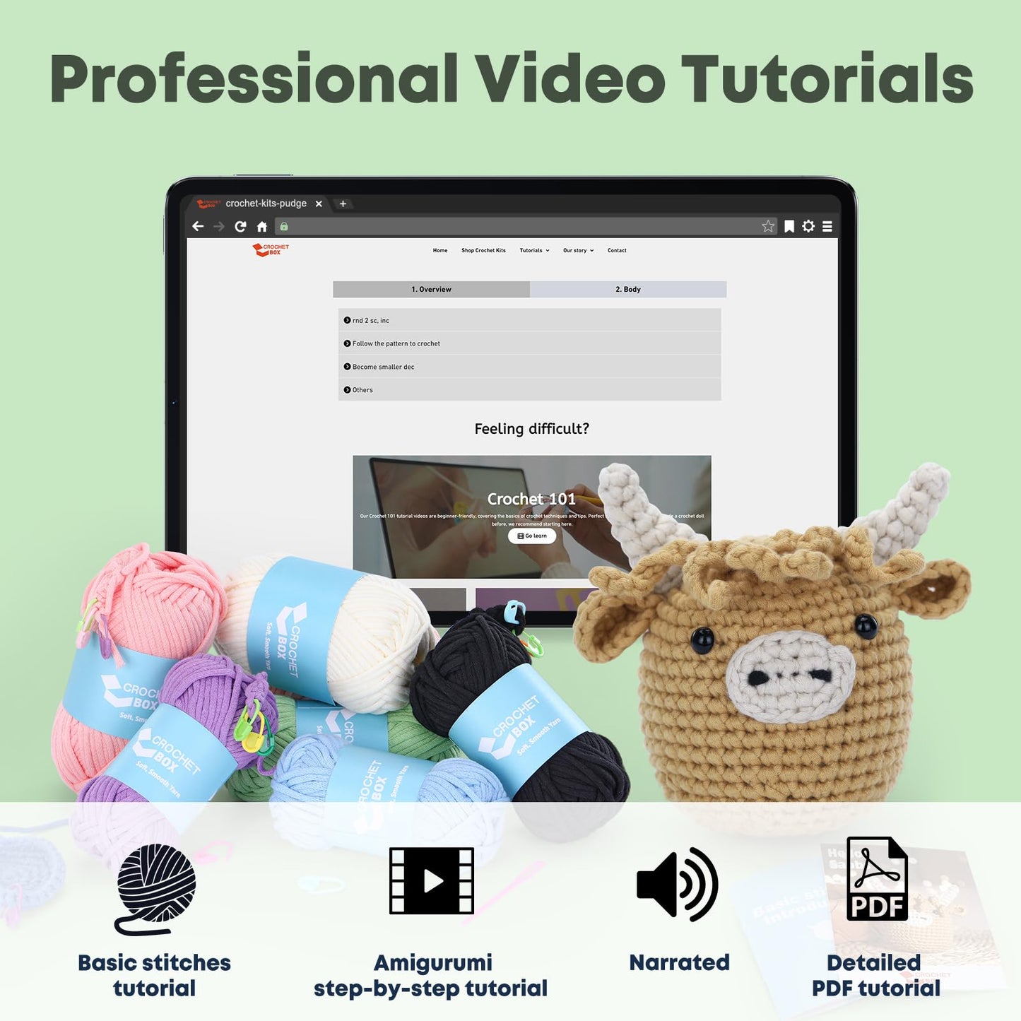 CROCHET BOX Complete Crochet Kit for Beginners - Highland Cow Crochet Kit, Include Video Tutorial, Instruction, Soft Yarn, Birthday Gift for Adults.