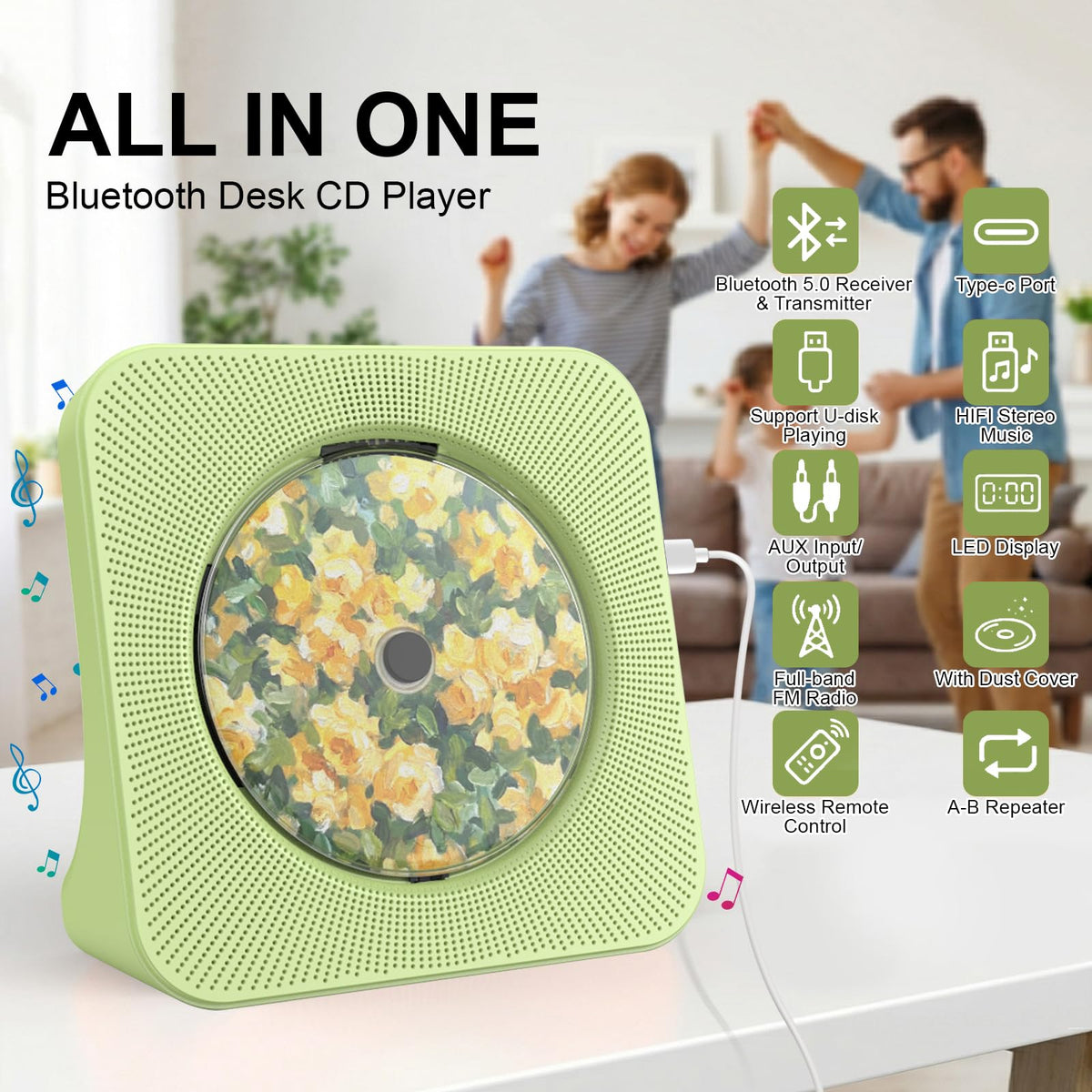 Portable CD Player with Bluetooth, Gueray Desktop CD Players for Home, Bulit-in Double HiFi Speakers, AUX&Headphone Jack, FM Radio Boombox with Remote Control, USB Port,LCD Display (Blue)