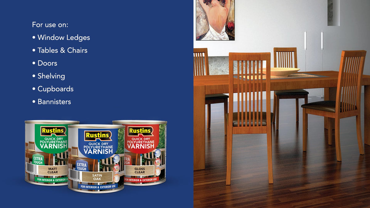 RustinsQuick Dry Poly Varnish Satin Clear 500ml -Tough, Water-Based Clear Finish in Gloss, Matt or Satin; Durable Protection for Interior Wood, Furniture and Floors