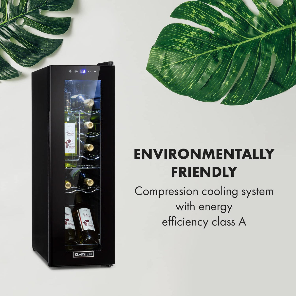 KLARSTEIN Shiraz Wine Cooler Black – 8 Bottles, 1 Zone | Freestanding Wine Fridge with Glass Door, Quiet, 5–18 °C, LED, Stainless Steel Frame