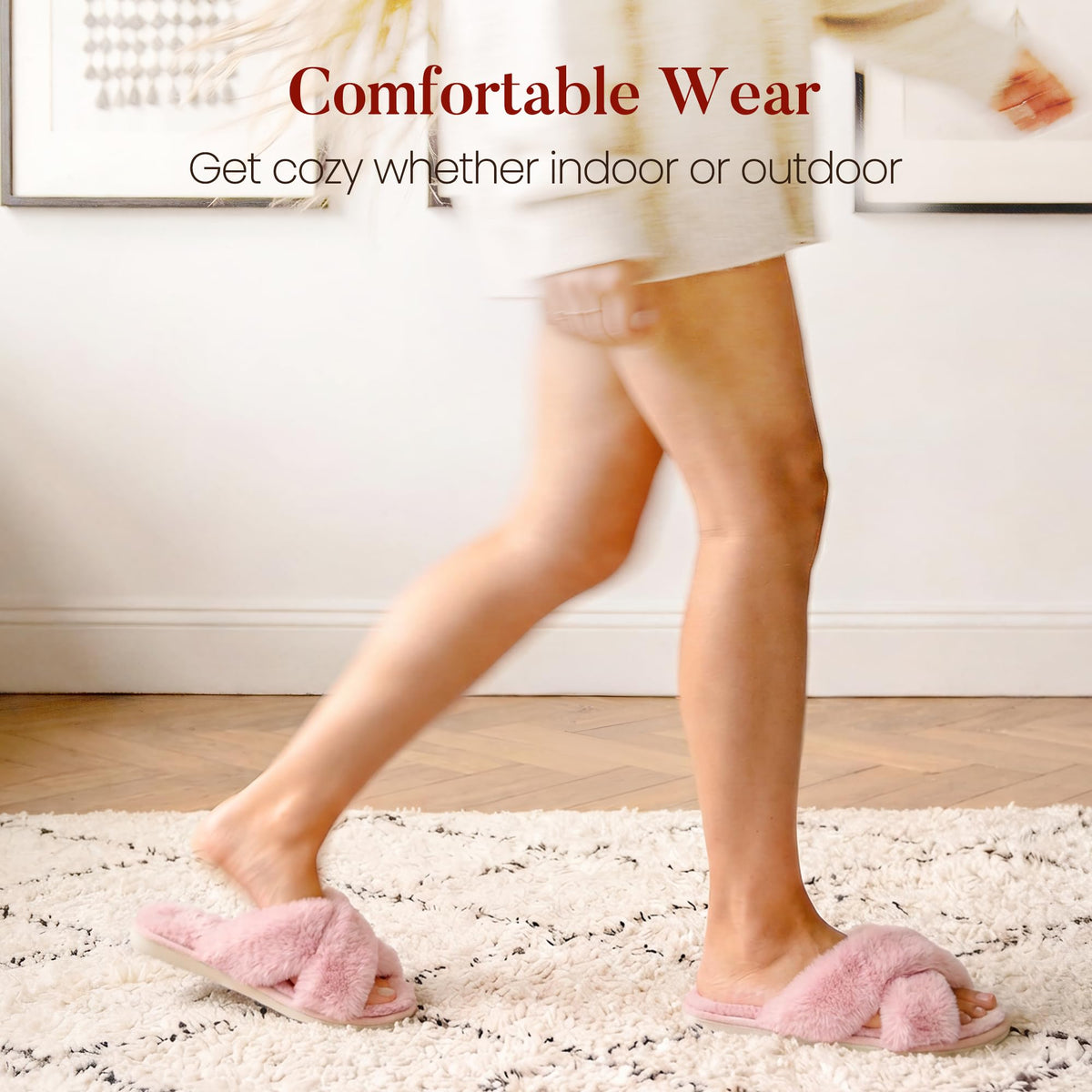 Ankis Women Slippers Fluffy Slippers Memory Foam, Cross Band Furry Open Toe Slippers Cozy Plush Home Shoes Indoor Outdoor Anti-Slide Slipper