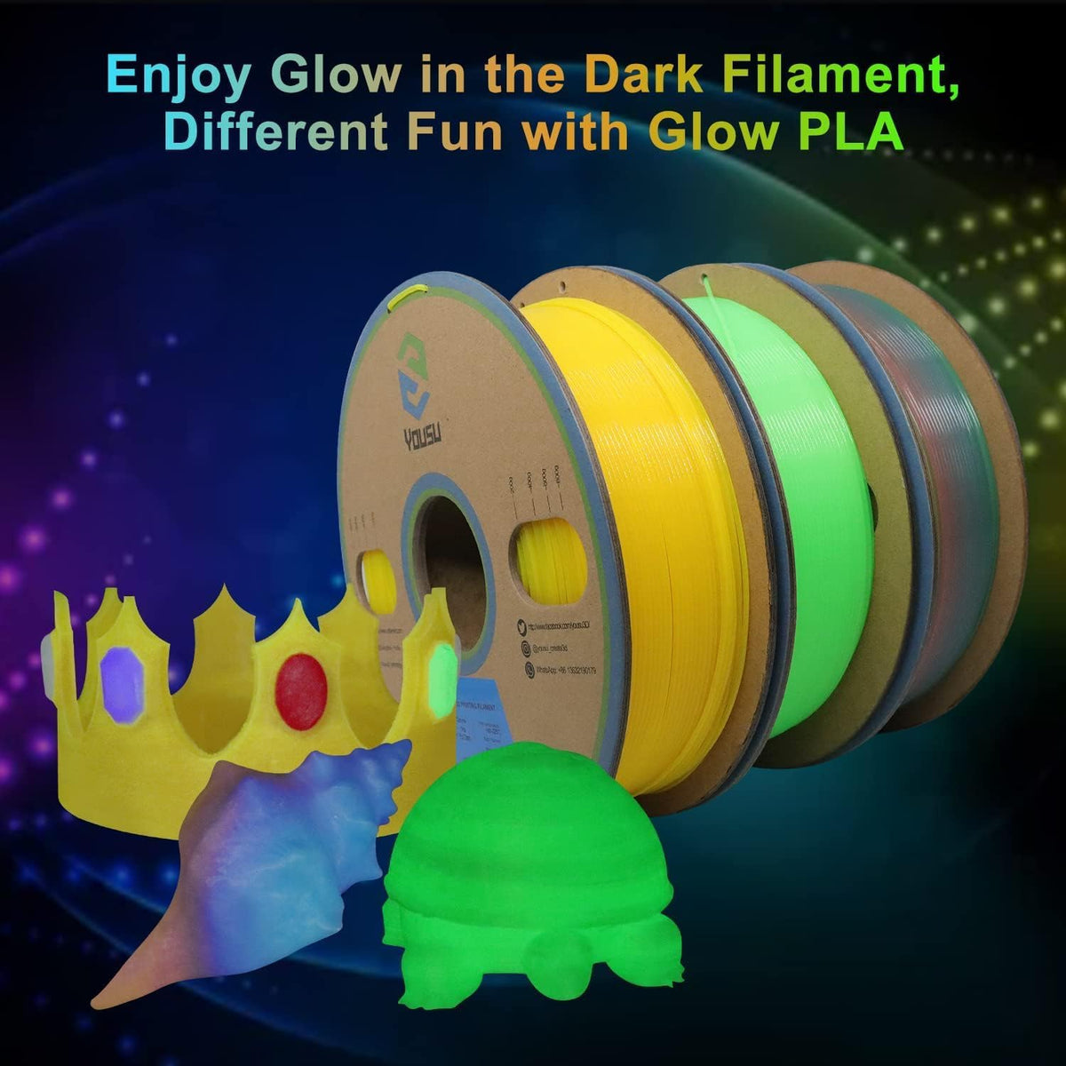 YOUSU 3D Printer Filament Bundle,Glow in The Dark Filament Multicolor,PLA Filament 1.75 mm,Green, Blue,Purple and Rainbow Accuracy +/- 0.03 mm,250g X 4 Pack
