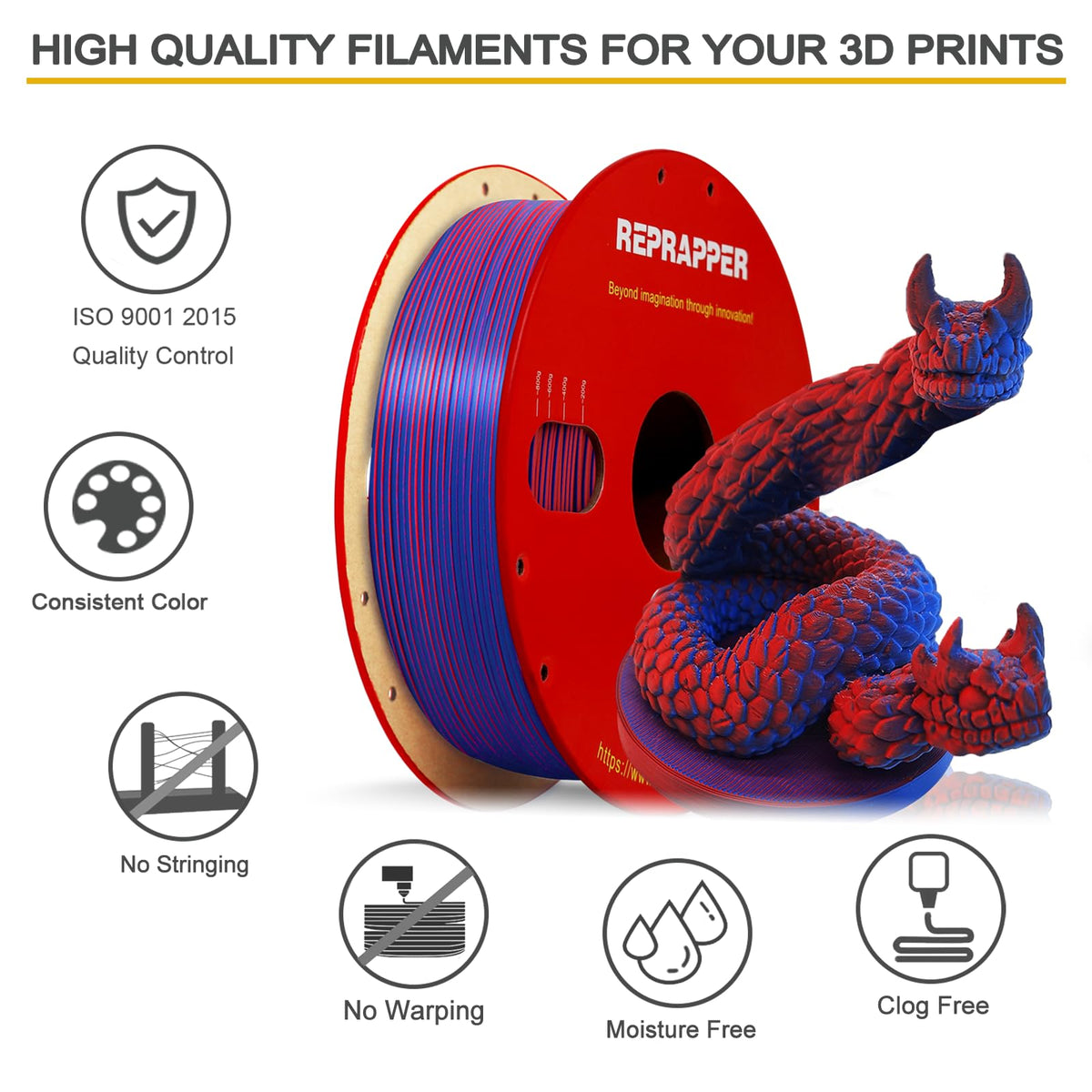 Reprapper 4X 250g Color Pack – Dual Color PLA Filament 1.75mm for 3D Printer & 3D Pen, Multicolour Filament, 4 x 250g Matte Red/Blue, Matte Purple/Green, Silk Red/Blue, and Silk Purple/Green