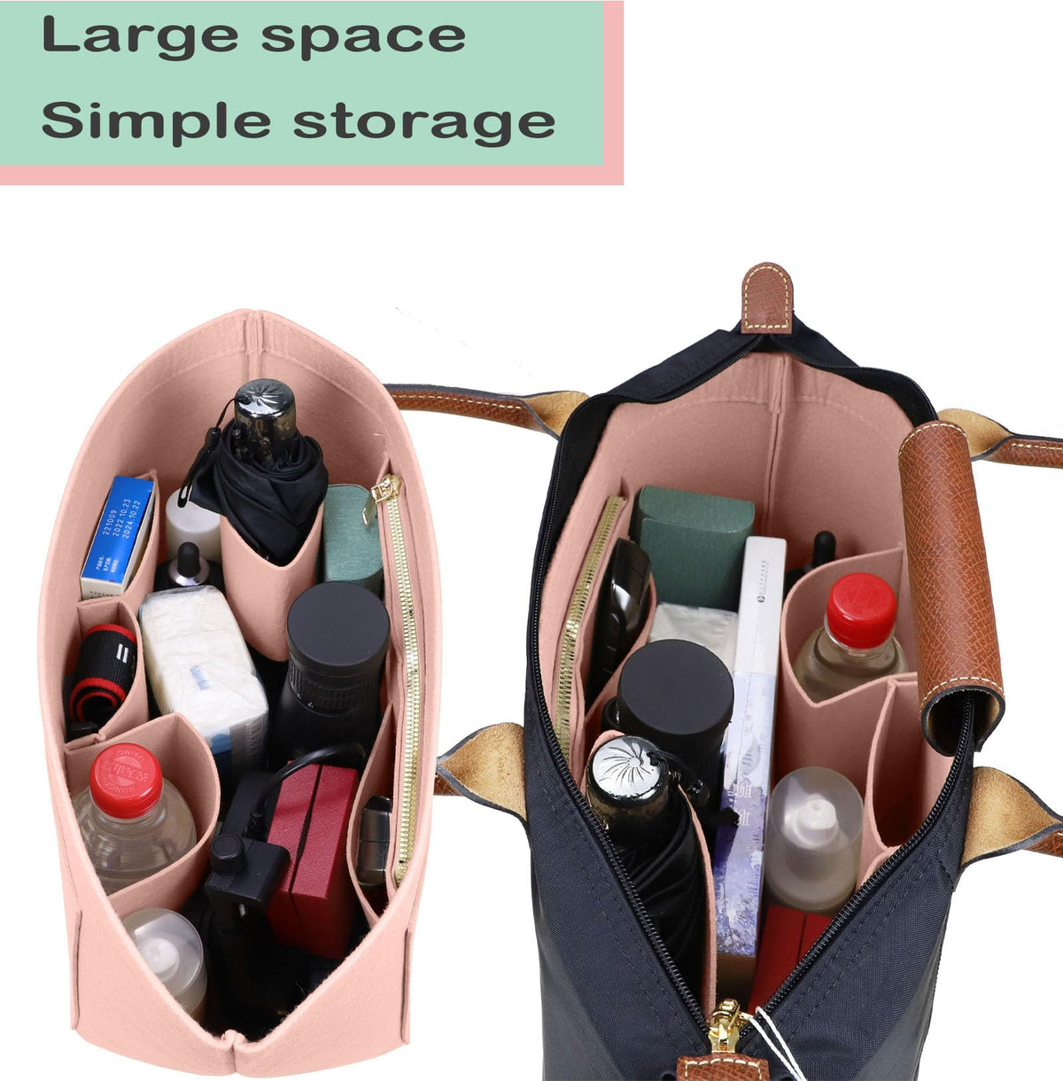 Lckaey tote bag organizer insert for Longchamp le pliage large tote insert felt purse zipper bag organizer 1028pink-S