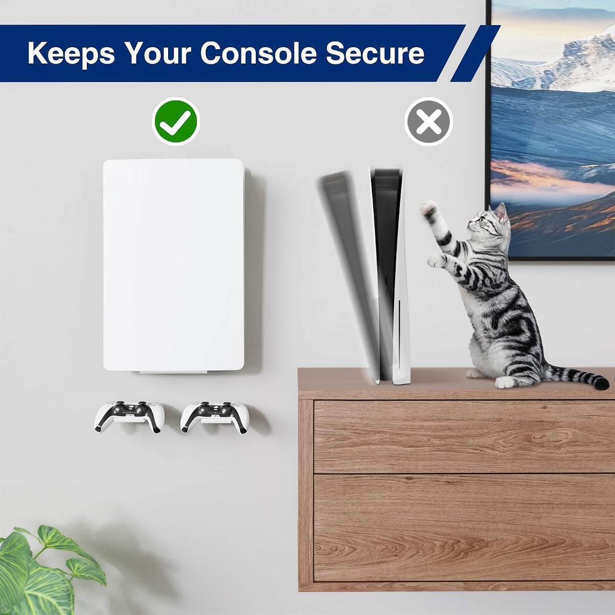 pickpiff PS5 Wall Mount Bracket, Compatible with All PlayStation 5 Models (Disc, Digital, Slim & Pro), Adjustable Console Holder with 2 Controller Holders, White