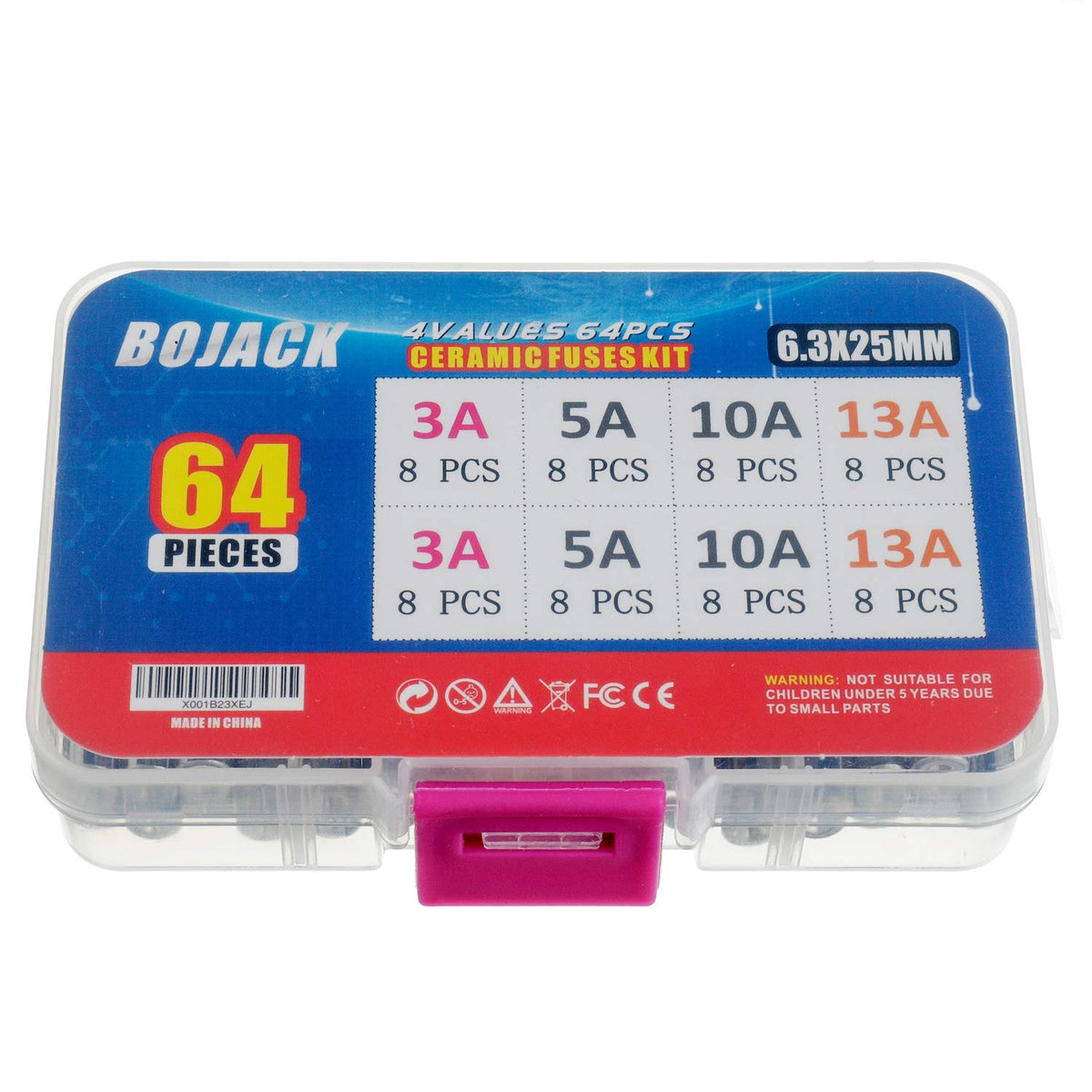BOJACK 3 Values 42 pcs 3 5 13 A amp 240 V Volt Household Mains Plug Fuse 6.3x25 mm 0.25x1Inch BS1362 Ceramic Tube Cartridge Fuses Assortment Kit packag in a Clear Plastic Box