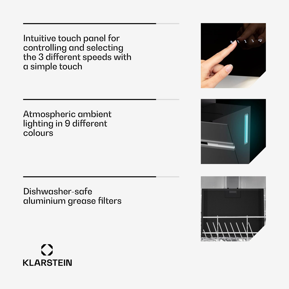 Klarstein Alina 90 Angled Cooker Hood - 615m³/h Air Flow, Touch Panel, LED Backlighting, Quiet 63dB, Energy Class A, 90cm Extractor Hood, Black