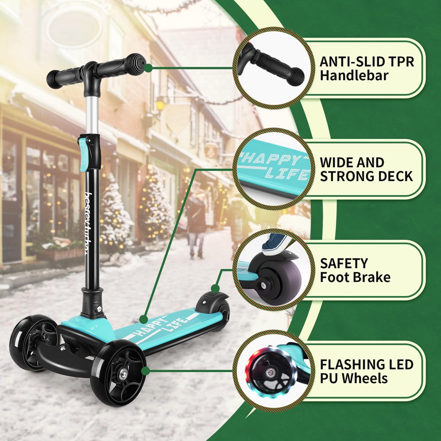 besrey 3-Wheel Toddler Scooter with Lean-to-Steer — Foldable, Anti-Slip Deck | Max 50 kg