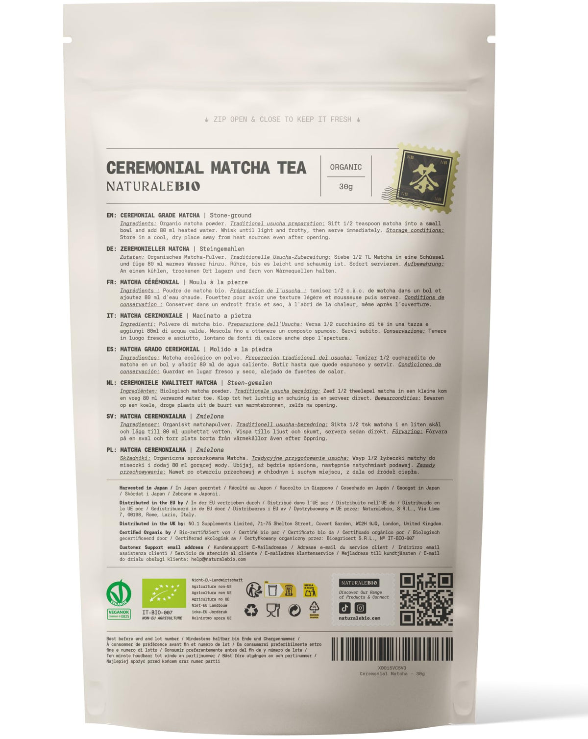 NaturaleBio Organic Premium Grade Japanese Matcha Powder L-Theanine