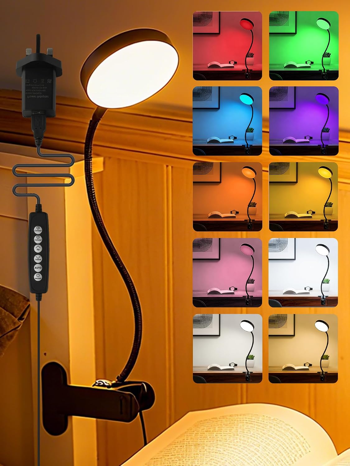 Reading Light,10 RGB Colors Desk Lamp with Clamp,10 Dimmable Clip on Light