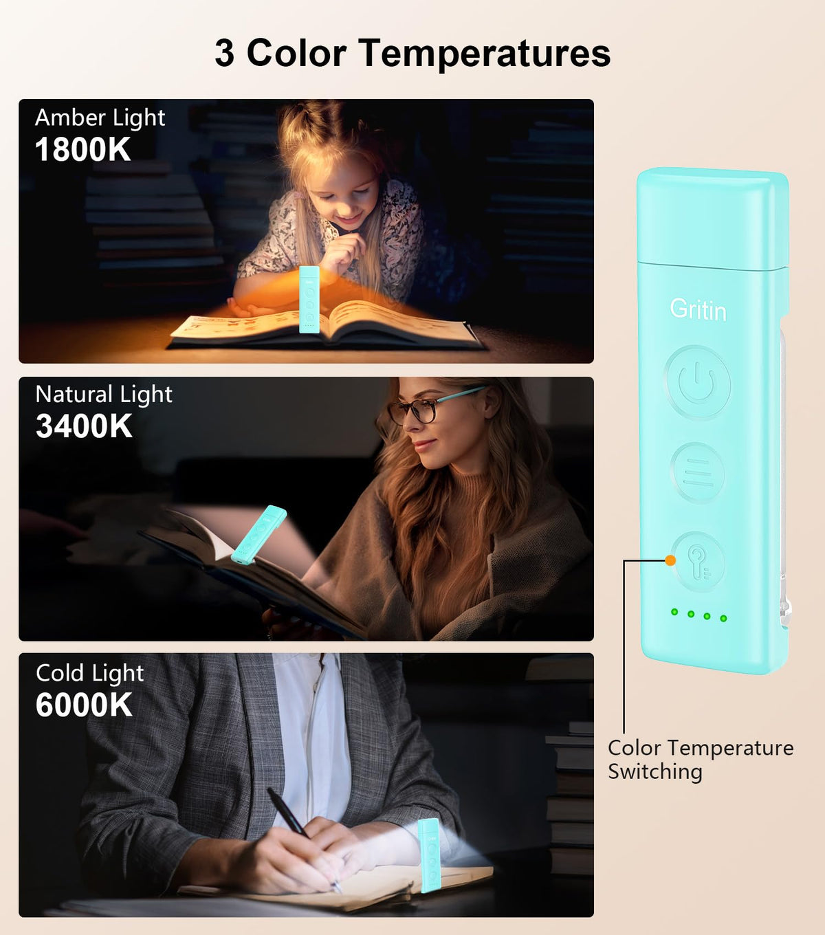 Gritin Book Light Rechargeable, Reading Light Lamp Clip on Book for Reading