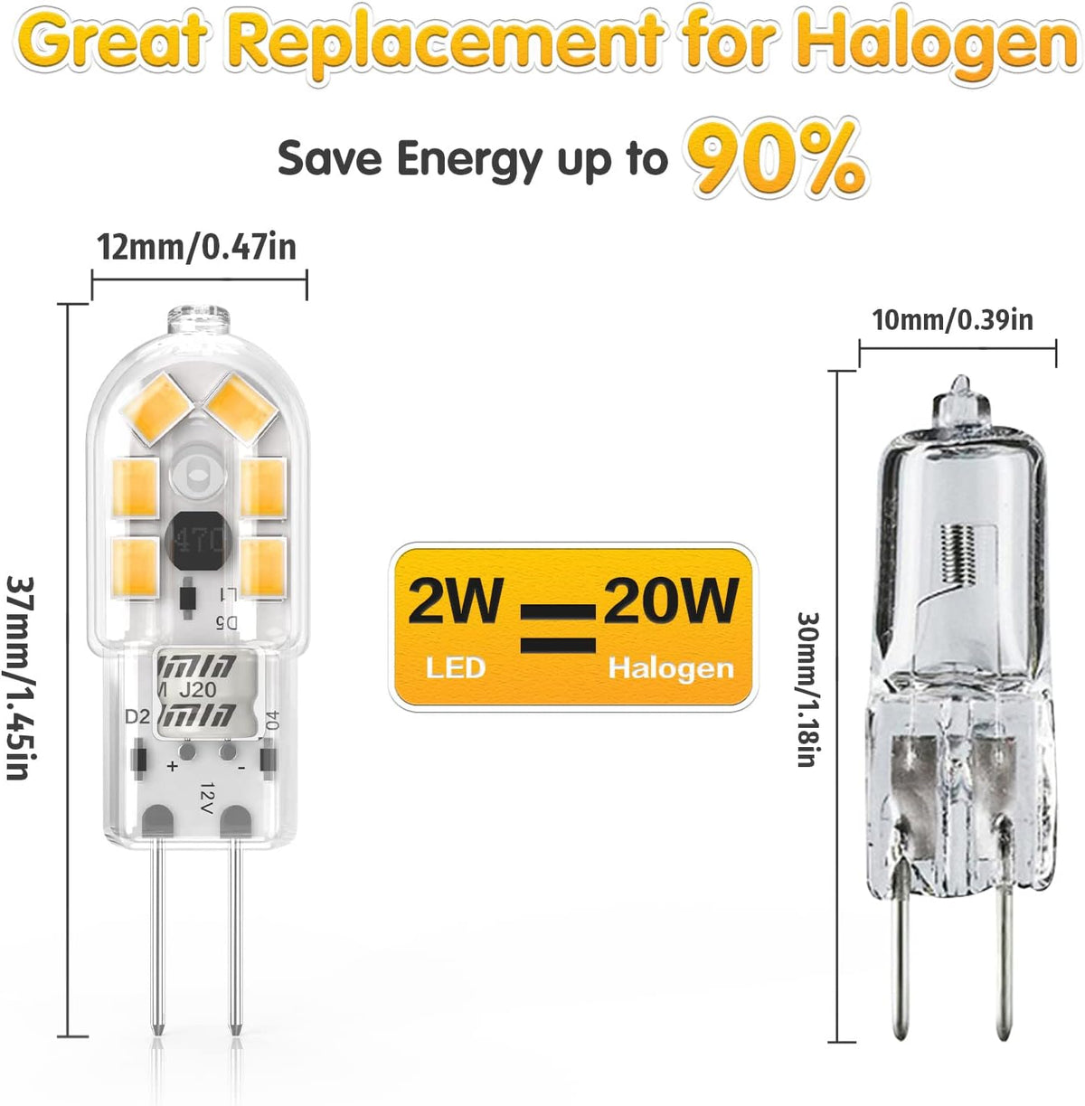 2W G4 LED Bulbs Warm White 3000K, Replacement 20W Halogen Bulb, Non Flicker AC/DC 12V Energy Saving G4 LED Capsule Light Bulbs, Non-Dimmable, 10 Pack