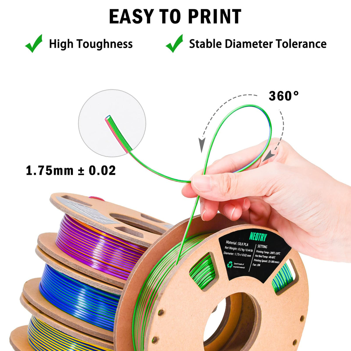 Silk Tri Colour PLA Filament 1.75mm 1kg, Multicolor 3D Printer Filament, Filament 3D Printing Materials for Most FDM 3D Printer, Silk PLA Red Yellow Blue, Rainbow PLA Filament 1.75mm ± 0.02