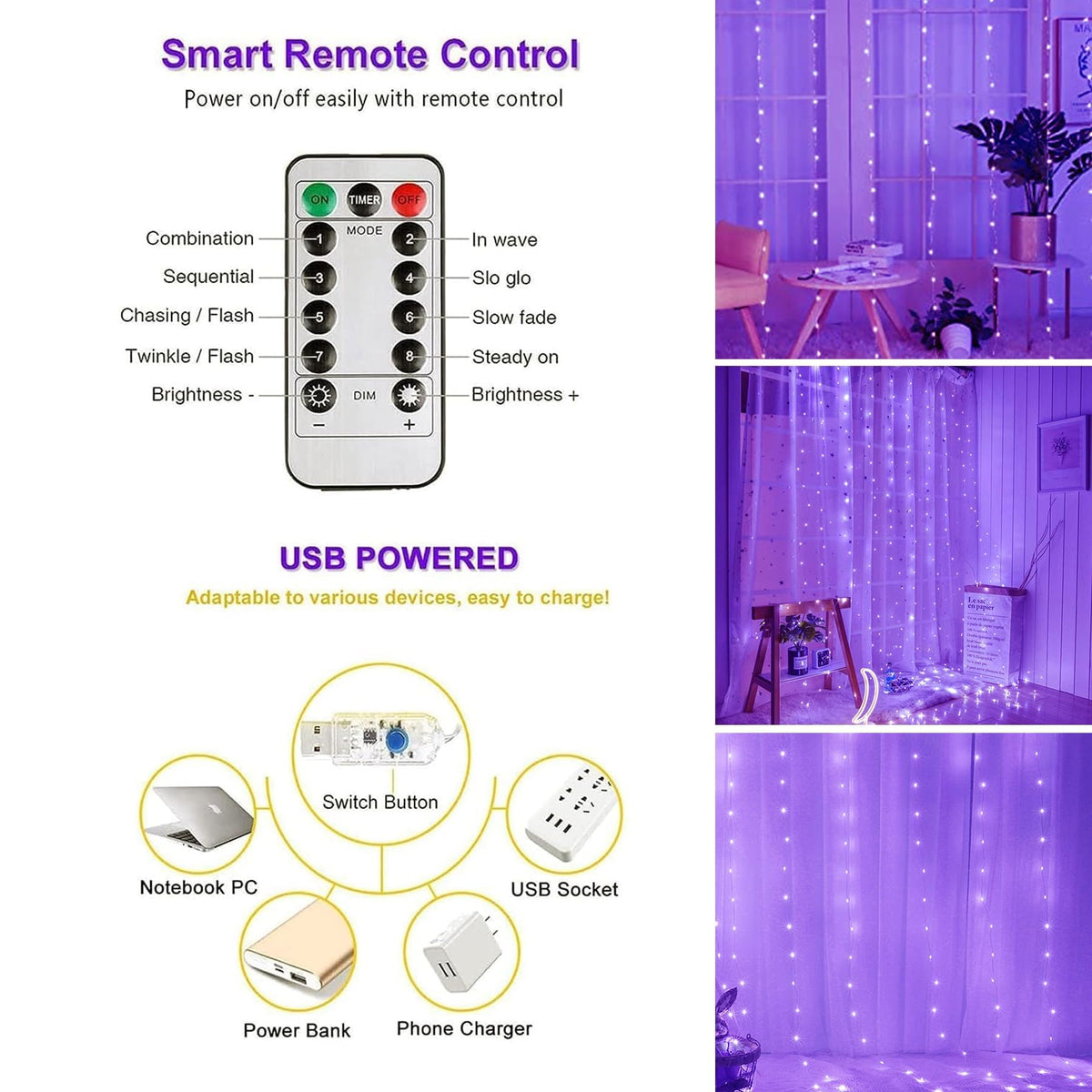 Lezonic Curtain Fairy Lights, 3m×3m 300LED Curtain String Lights Plug in