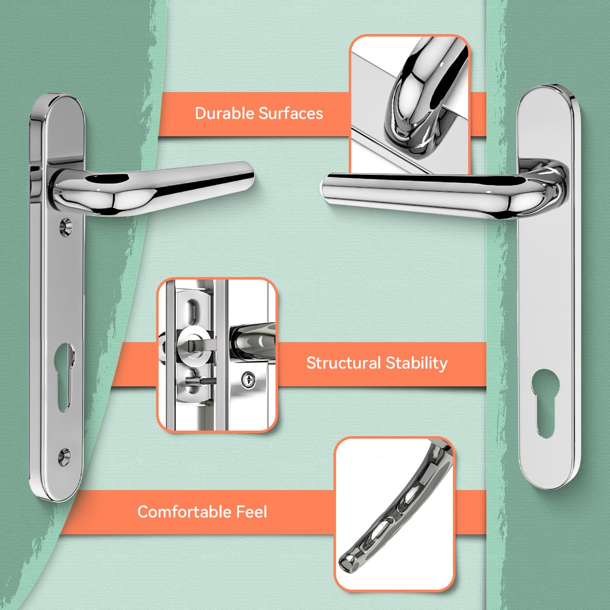 Bwintech 1 Set Black UPVC Door Handle Set, 92mm Backset,122mm Screw Hole Distance, 210mm Plate Length Front Door Handles for UPVC Door