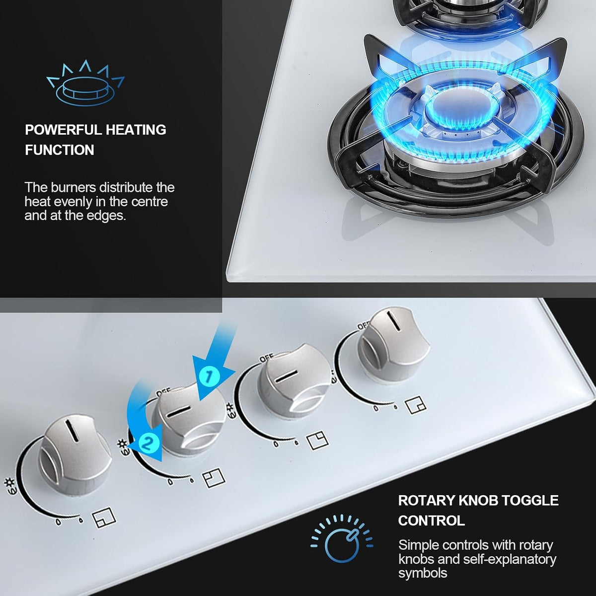 TopStrong Gas Hob 4 Burners, 60cm Black Glass Built-in Cooktop with 8060W Wok Burner & Thermocouple Protection, Natural Gas & LPG Compatible