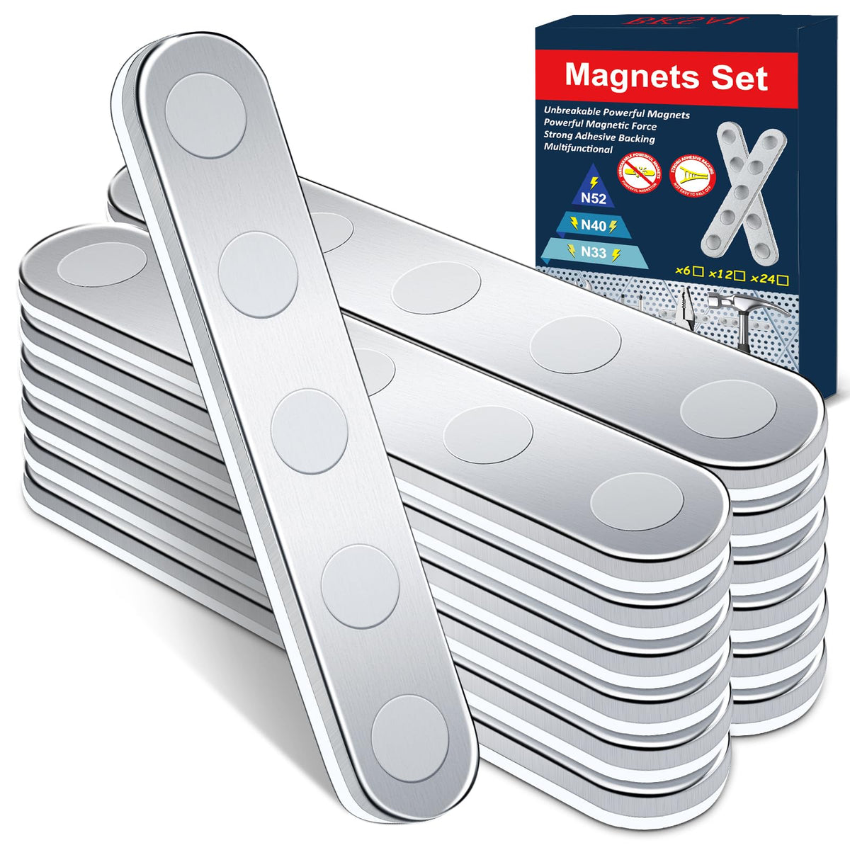 BKSAI Unbreakable Strong Magnet, 12 Pcs Self-Adhesive Neodymium Bar Magnets