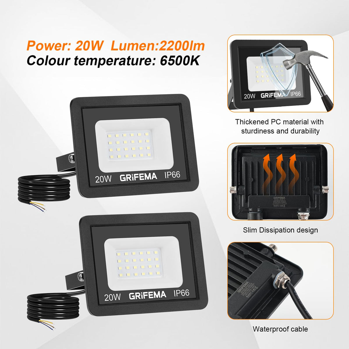 GRIFEMA 20W LED Security Light with Motion Sensor 2200LM 6500K
