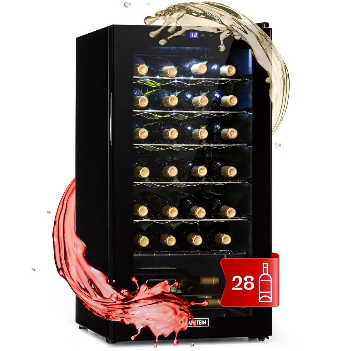 KLARSTEIN Shiraz Wine Cooler Black – 8 Bottles, 1 Zone | Freestanding Wine Fridge with Glass Door, Quiet, 5–18 °C, LED, Stainless Steel Frame
