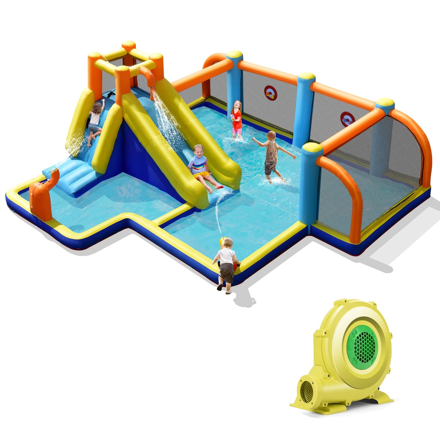 COSTWAY 5-in-1 Inflatable Water Park with Slide, Bouncy Castle, Football Field & Pool — Ages 3-12