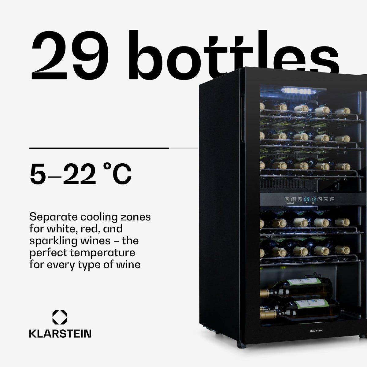 KLARSTEIN Shiraz Wine Cooler Black – 8 Bottles, 1 Zone | Freestanding Wine Fridge with Glass Door, Quiet, 5–18 °C, LED, Stainless Steel Frame