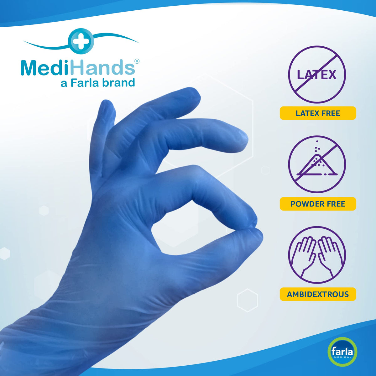 Farla MediHands Blue Medium Vinyl Gloves - Box of 100 Disposable Vinyl Gloves - Medical Gloves - Powder Free, Latex Free, & Protein Free Gloves - Multi-Purpose, Single Use