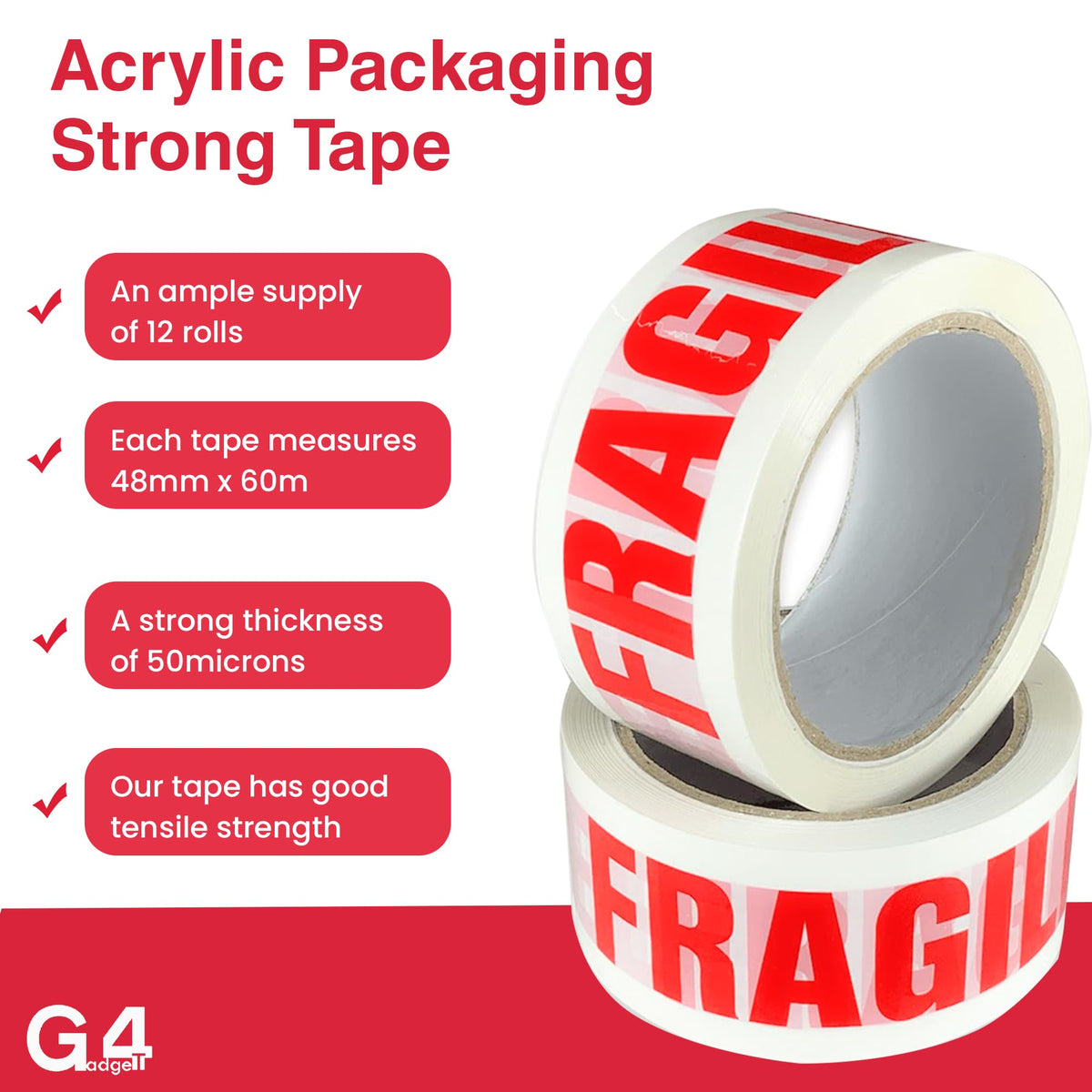 G4GADGET Pack of 3 Clear Packing Tape - Heavy Duty Transparent Tape 48mm x 66m - Ideal for Moving, Packing Boxes, and Secure Packaging
