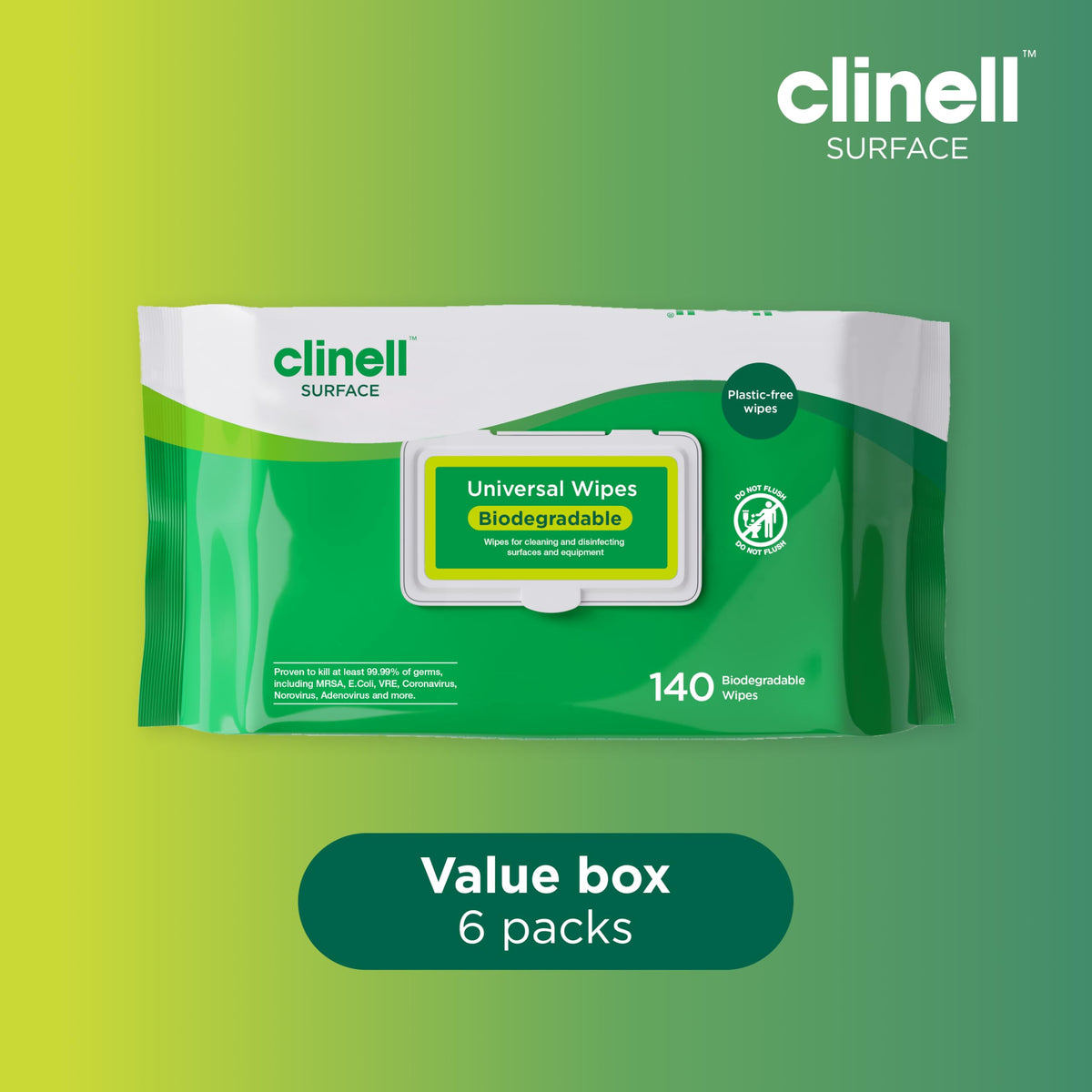 Clinell Universal Cleaning and Disinfectant Wipes - Pack of 6, 1200 Wipes - Multi Surface, Kills 99.99% of Germs, Quick Action, Green, Pleasant Fragrance