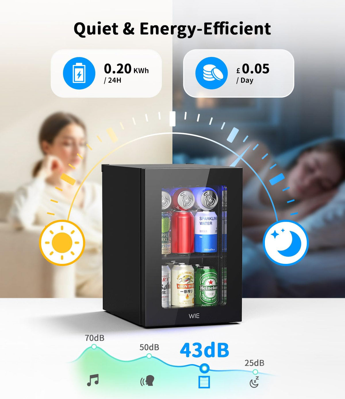 WIE 48L Drinks Fridge with Glass Door, Beer Fridge for 68 Cans or 12 Wine Bottles, Mini Fridge 4-16°C Touch Control, Quiet Beverage Refrigerators with LED Light, Reversible Door for Home, Bar, Office