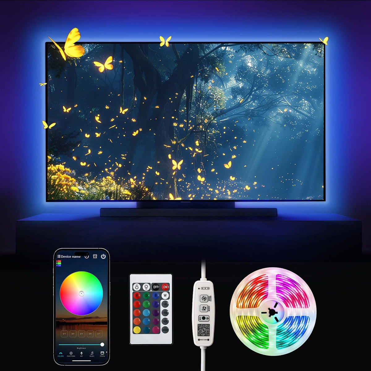 Beaeet TV LED Lights, 3M TV Backlight LED Strip for 32-60 Inch TVs, USB Powered Behind TV Light with RGB Music Sync and Bluetooth Remote Control for Home Decor