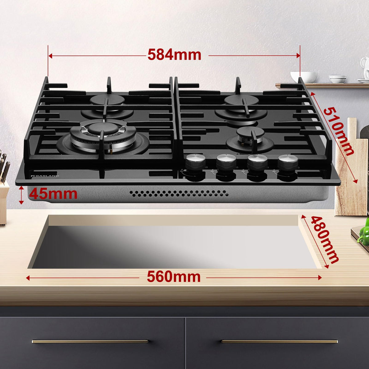 GASLAND GH60SF 60cm Built-in Gas Hob, 4 Burners Stainless Steel Gas Cooktop with Flame Failure Protection, NG/LPG Convertible, 8000W