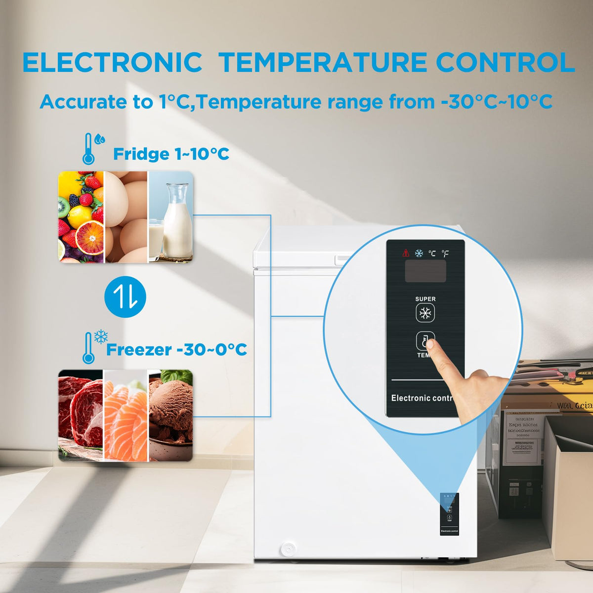 COMFEE' 99L Chest Freezer, Convertible Refrigeration Mode, RCC102BL2UK(E)