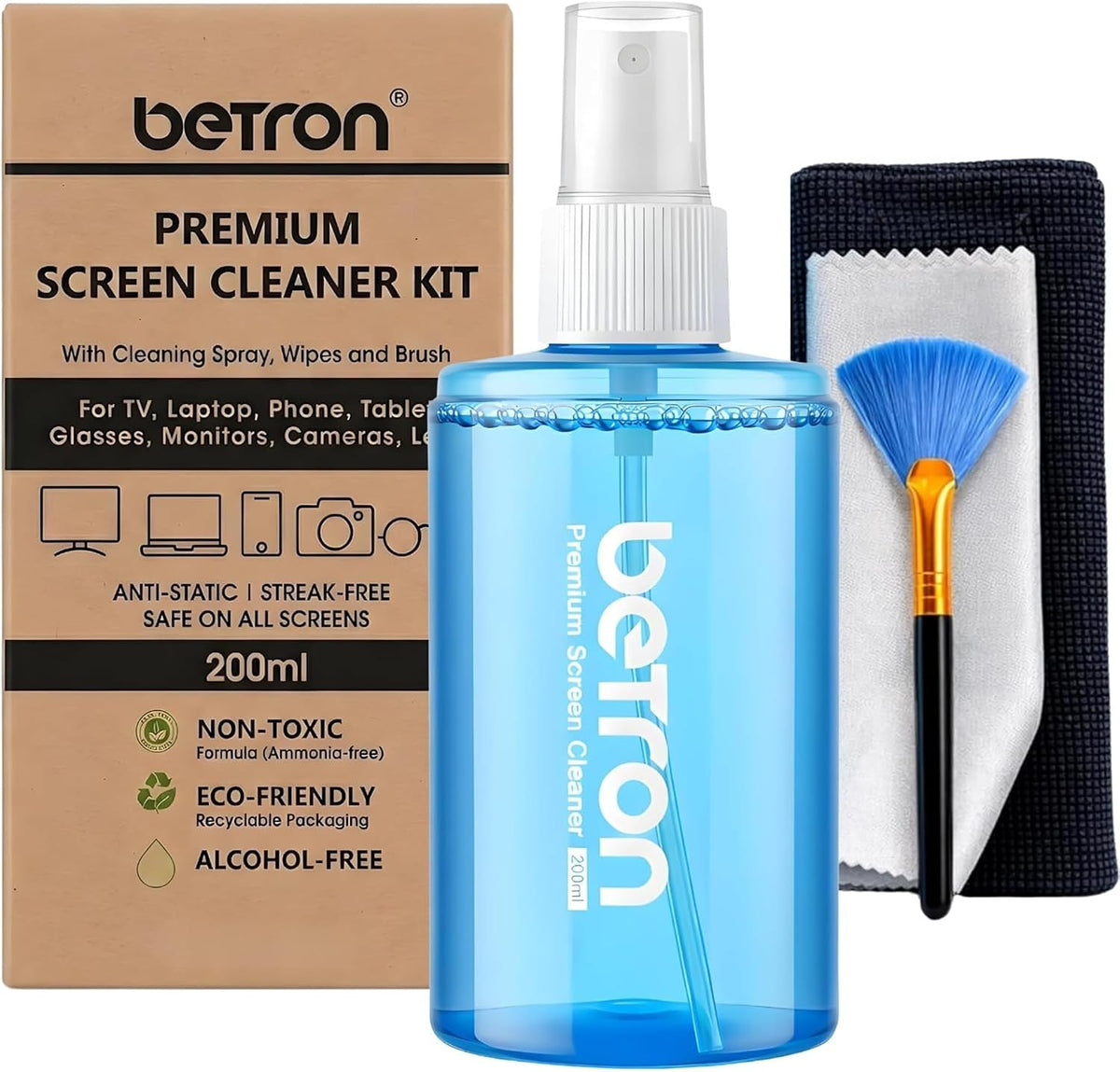 Betron Screen Cleaner Spray Kit with Cloth for TV, Laptop, Monitor, 200ml