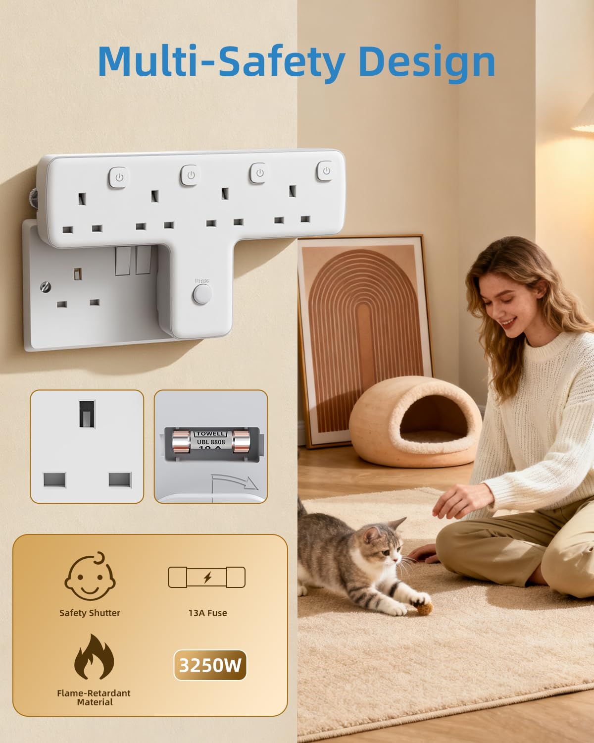Plug Adapter, Mscien 3 Way Extension Plug with 3 USB, Plug Extension Socket with Independent Switches, Multi Plug Adaptor UK Built-in Surge Protector with 180 Degree Rotation Button