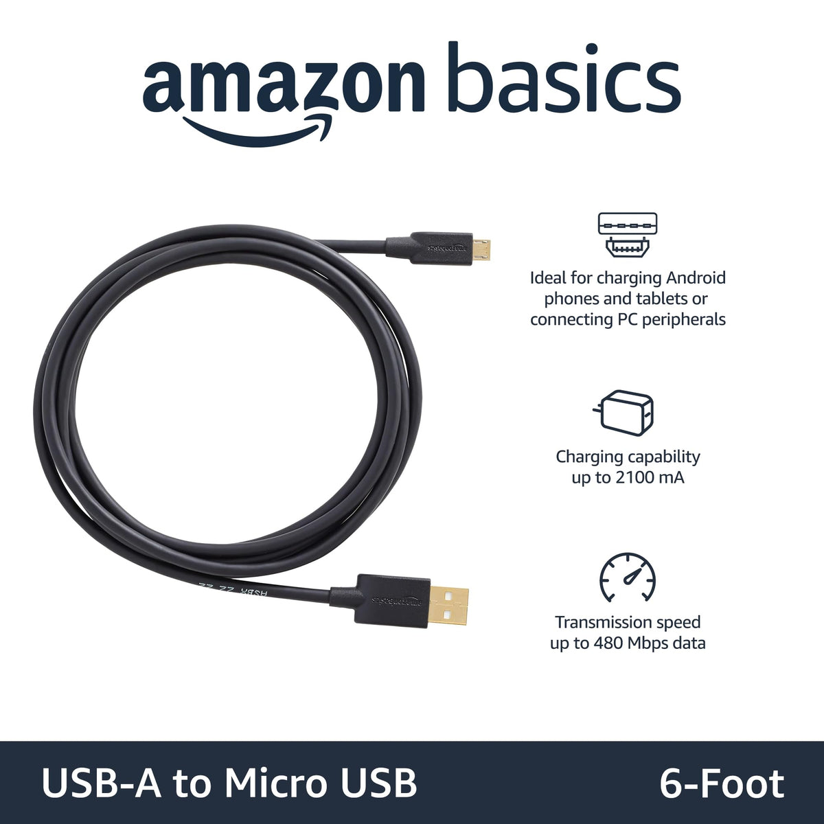 Amazon Basics 5-Pack USB-A to Micro USB Charging Cable, 480Mbps Transfer Speed with Gold-Plated Plugs, USB 2.0, 3 m, Black