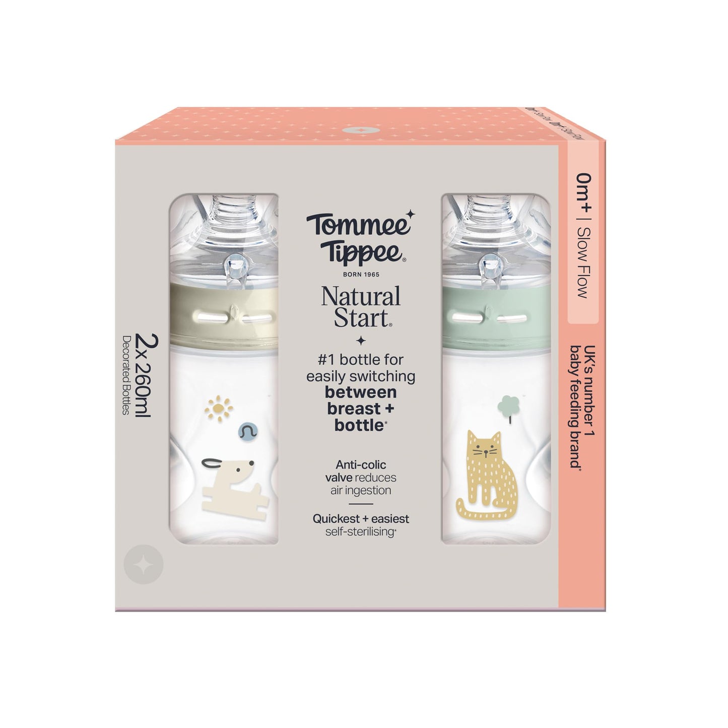 Tommee Tippee Natural Start Baby Bottles for 0m+, Pack of 6 260ml Baby Bottles, with Slow Flow Breast-Like Teat for a Natural Latch, Self-Sterilising and BPA Free, Baby Feeding Essentials