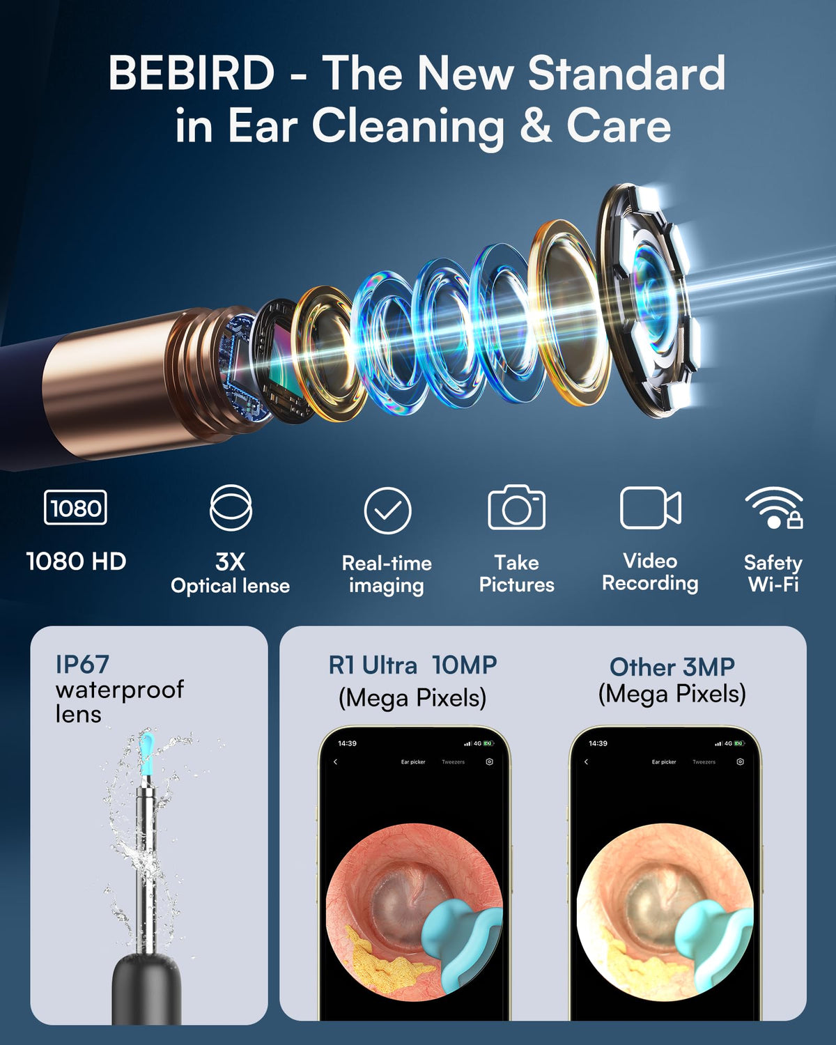 BEBIRD R1 Ultra Ear Wax Removal Camera, Ear Cleaner with Tweezers & Dropper, Visual Wax Remover Ear Pick for Family-Black
