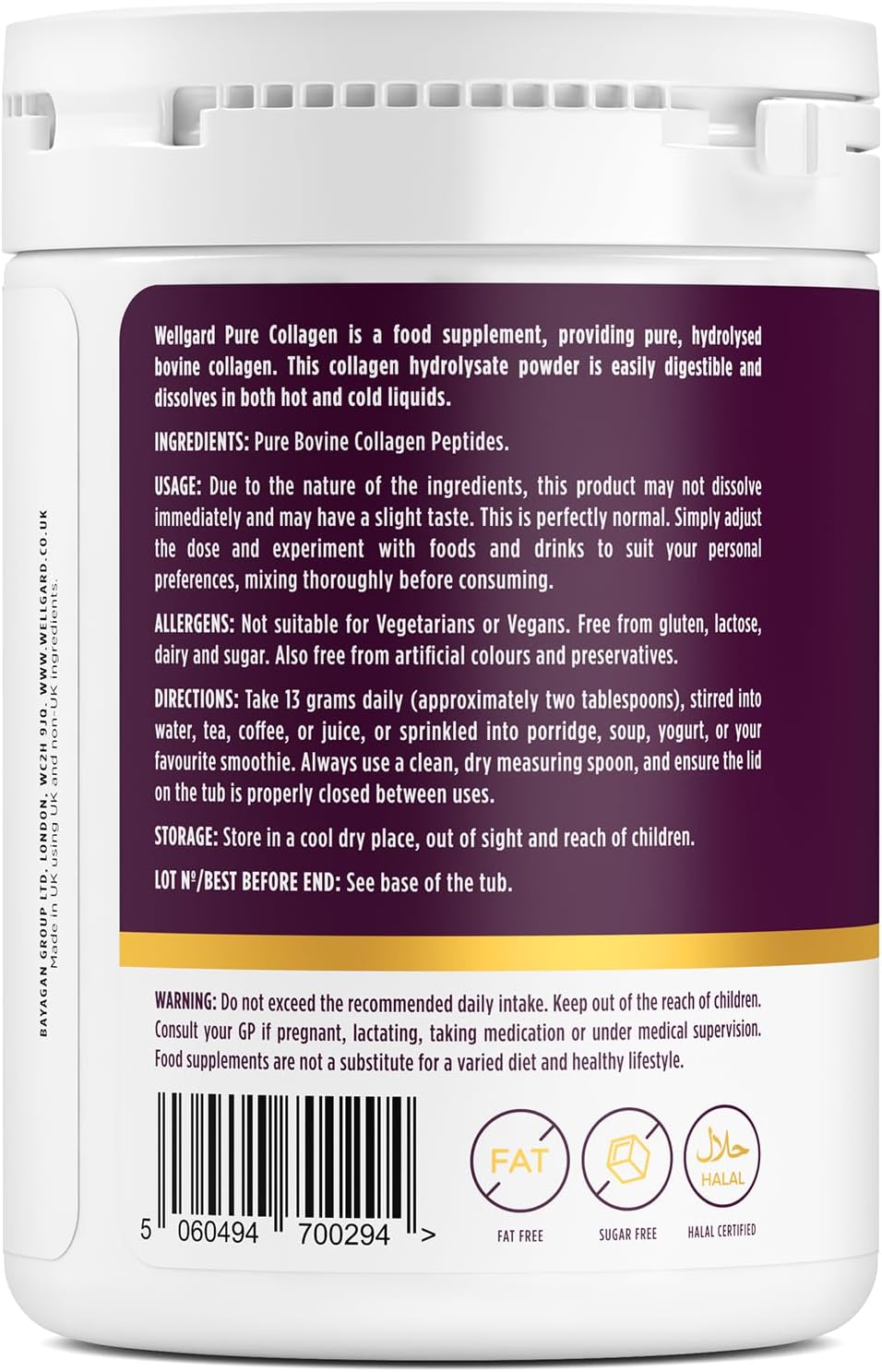 Collagen Powder, Gold Standard Bovine Collagen Peptides Powder by Wellgard - High Levels of The 8 Essential Amino Acids, Collagen Supplements for Women & Men, Halal Collagen, Made in UK