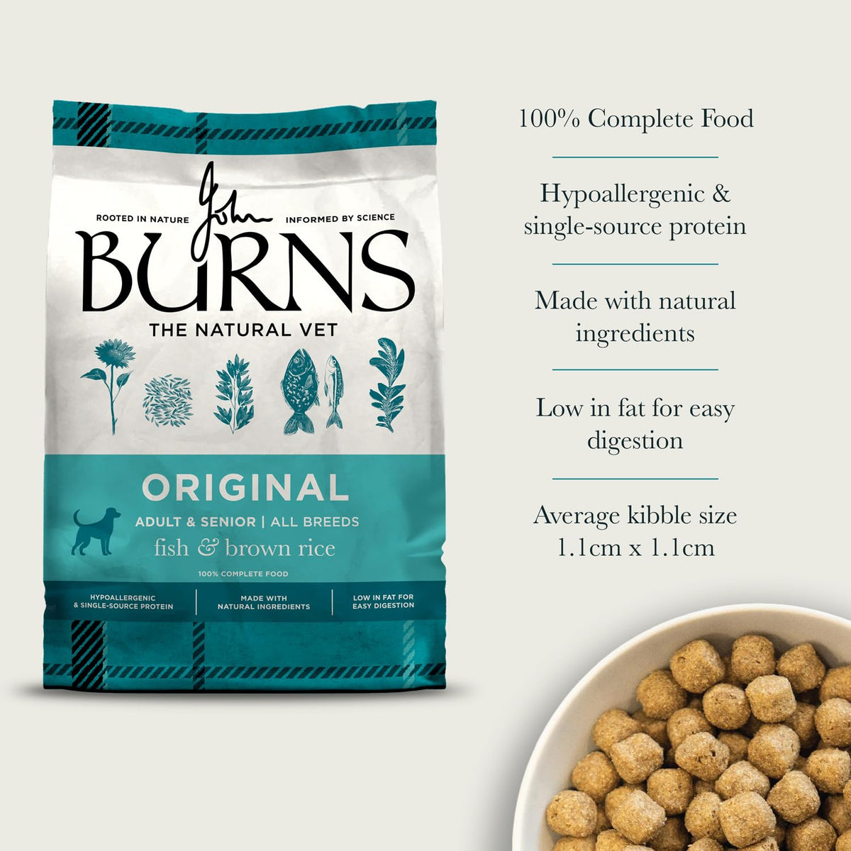 Burns Pet Nutrition Hypoallergenic Complete Dry Dog Food Adult and Senior Dog Original Chicken and Brown Rice 12 kg